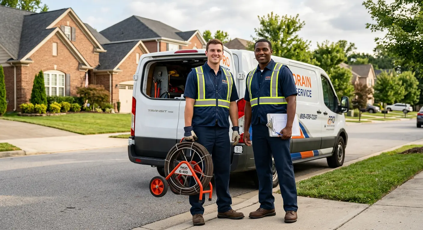 Sewer and drain service team with equipment ready for work in Woodstock